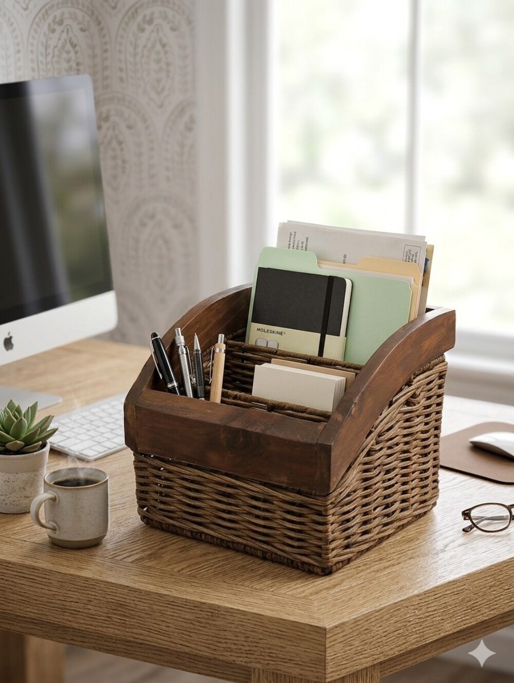 Wood Wicker Rattan Desk Organizer Mail Letters Office Desktop Rustic Cottagecore